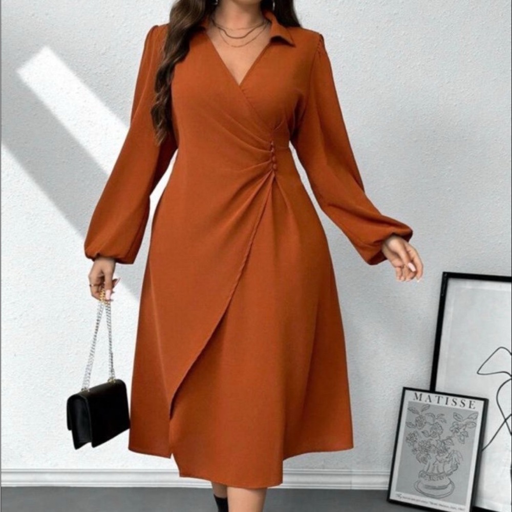 SHEIN curve Rust Long Sleeve Wrap Dress